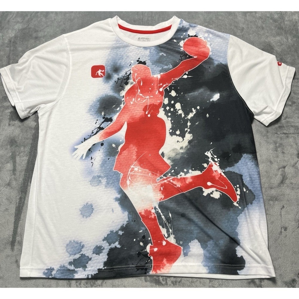 AND1 Basketball T-Shirt Mens 3XL White Red Dunk Graphic Splatter Streetball Tee